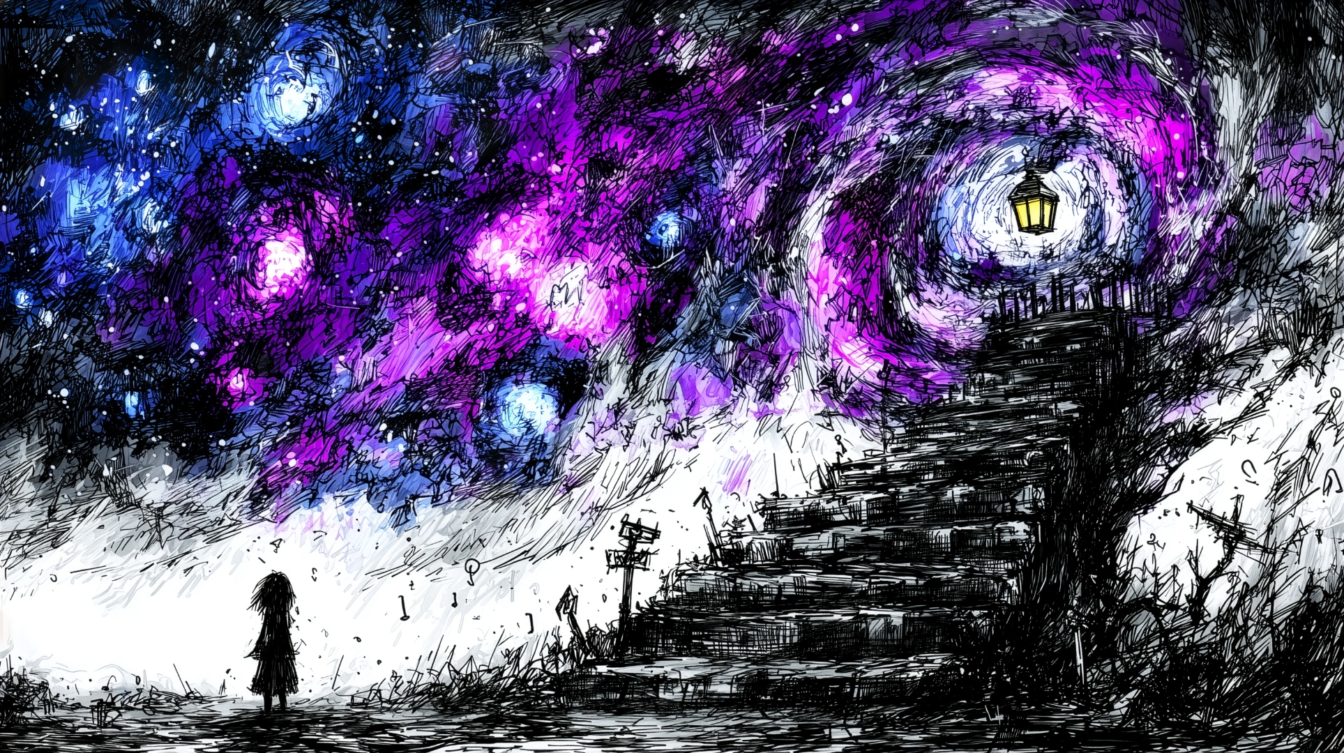 Cosmic ink and watercolor artwork